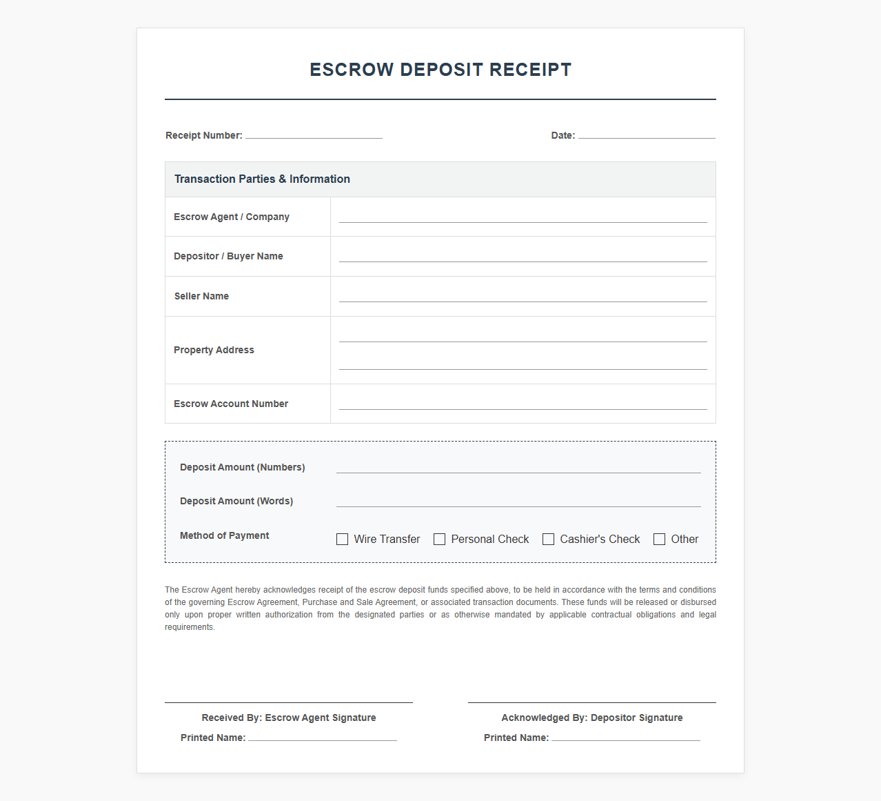 Escrow Deposit Receipt Template
