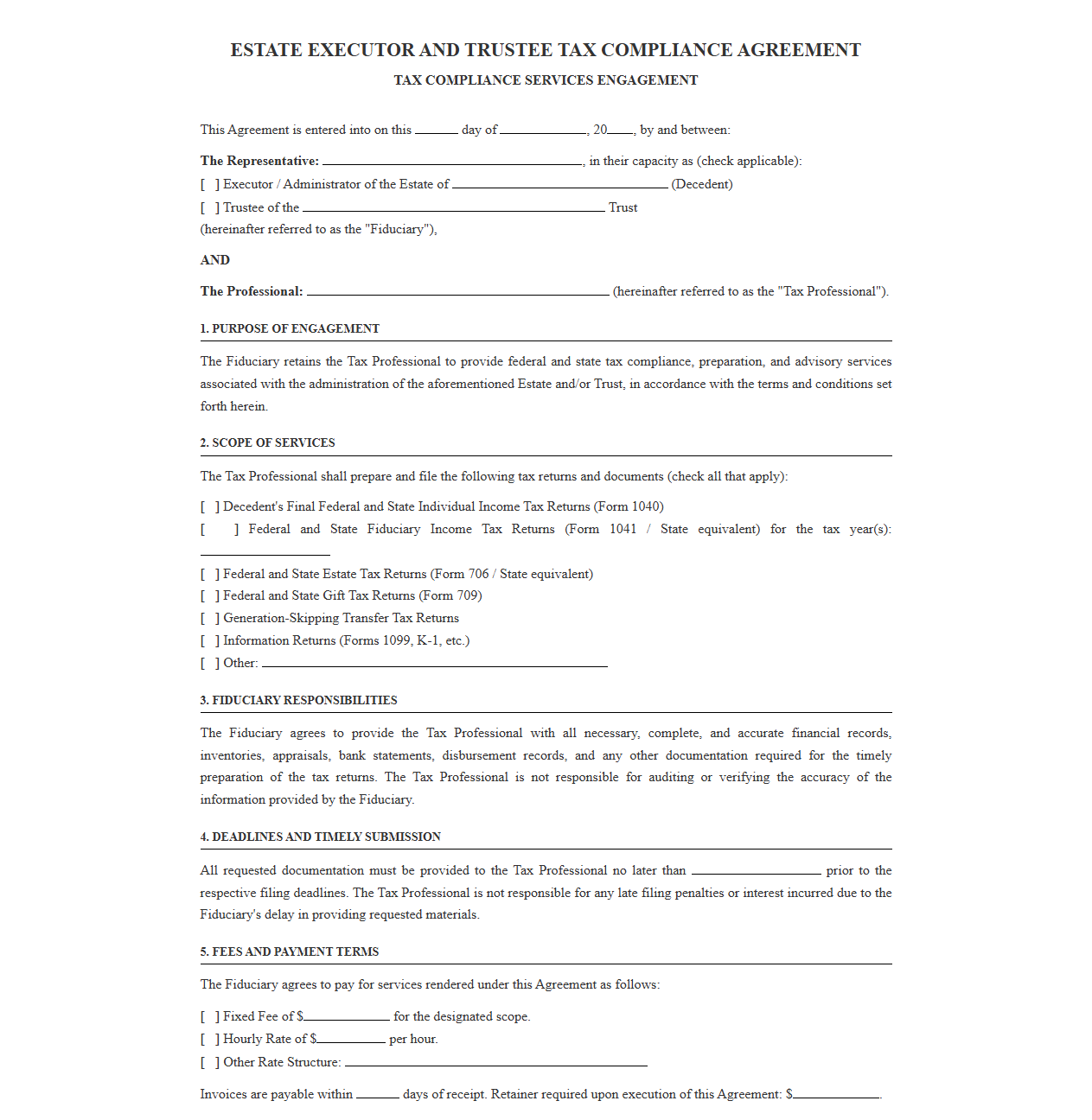 Estate Executor and Trustee Tax Compliance Agreement