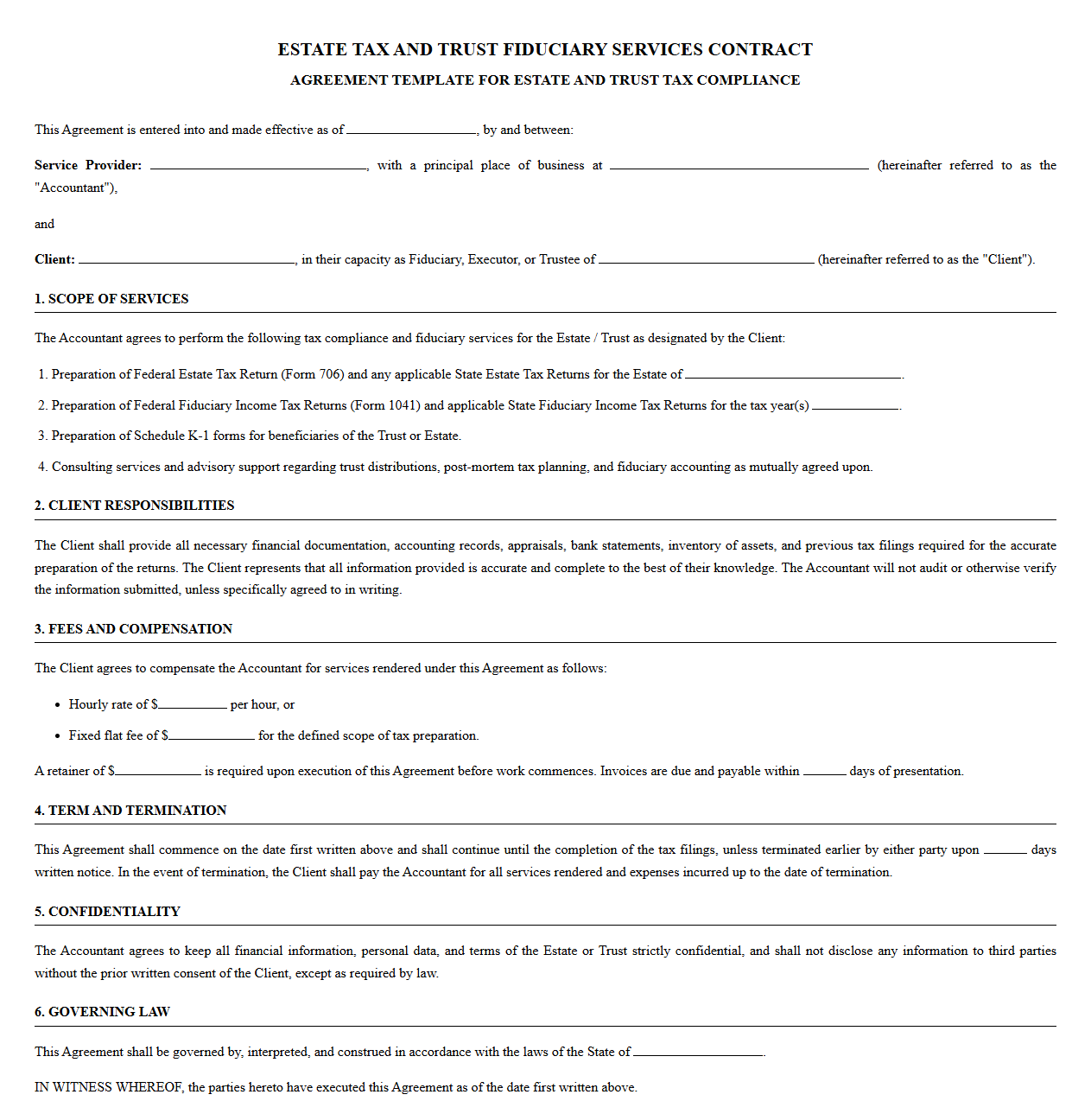 Estate Tax and Trust Fiduciary Services Contract