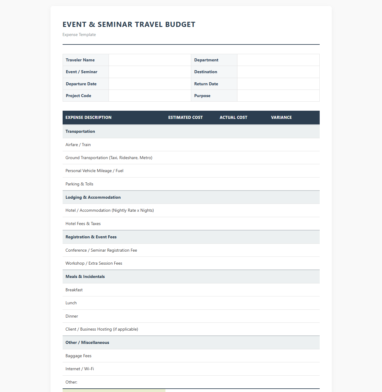 Event and Seminar Travel Budget Template