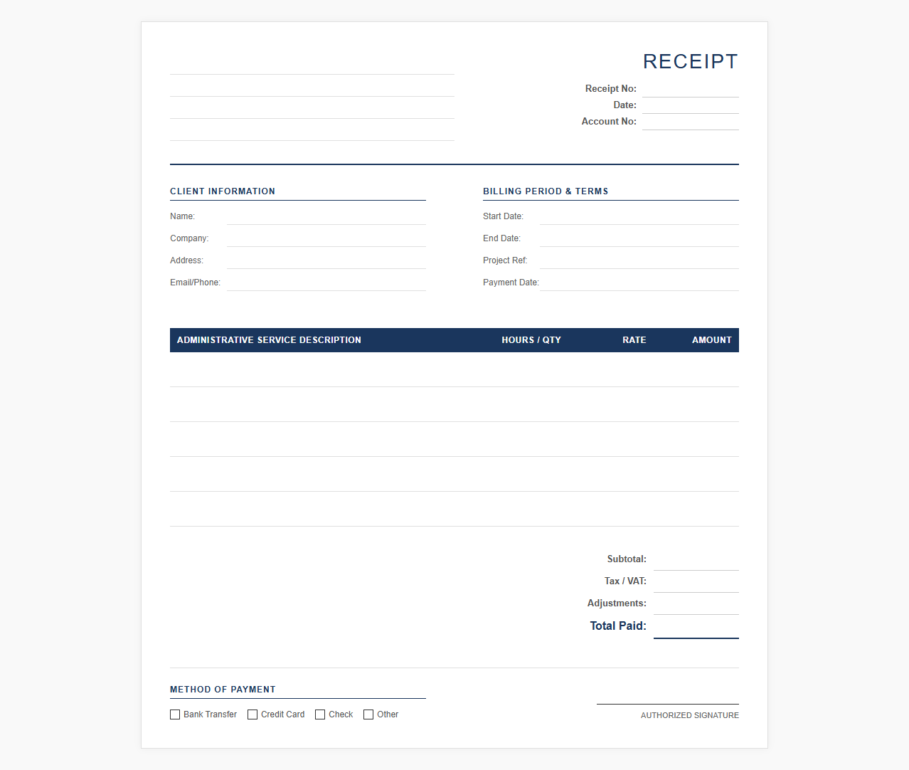Executive Administrative Services Receipt Template