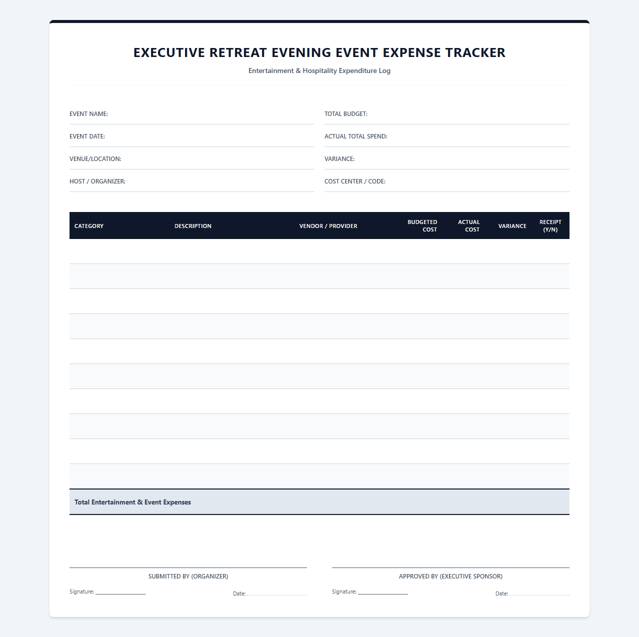 Executive Retreat Evening Event Expense Tracker