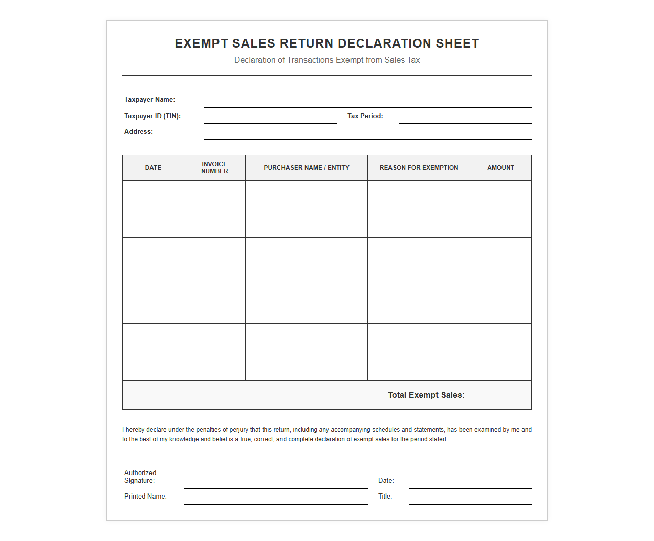 Exempt Sales Return Declaration Sheet