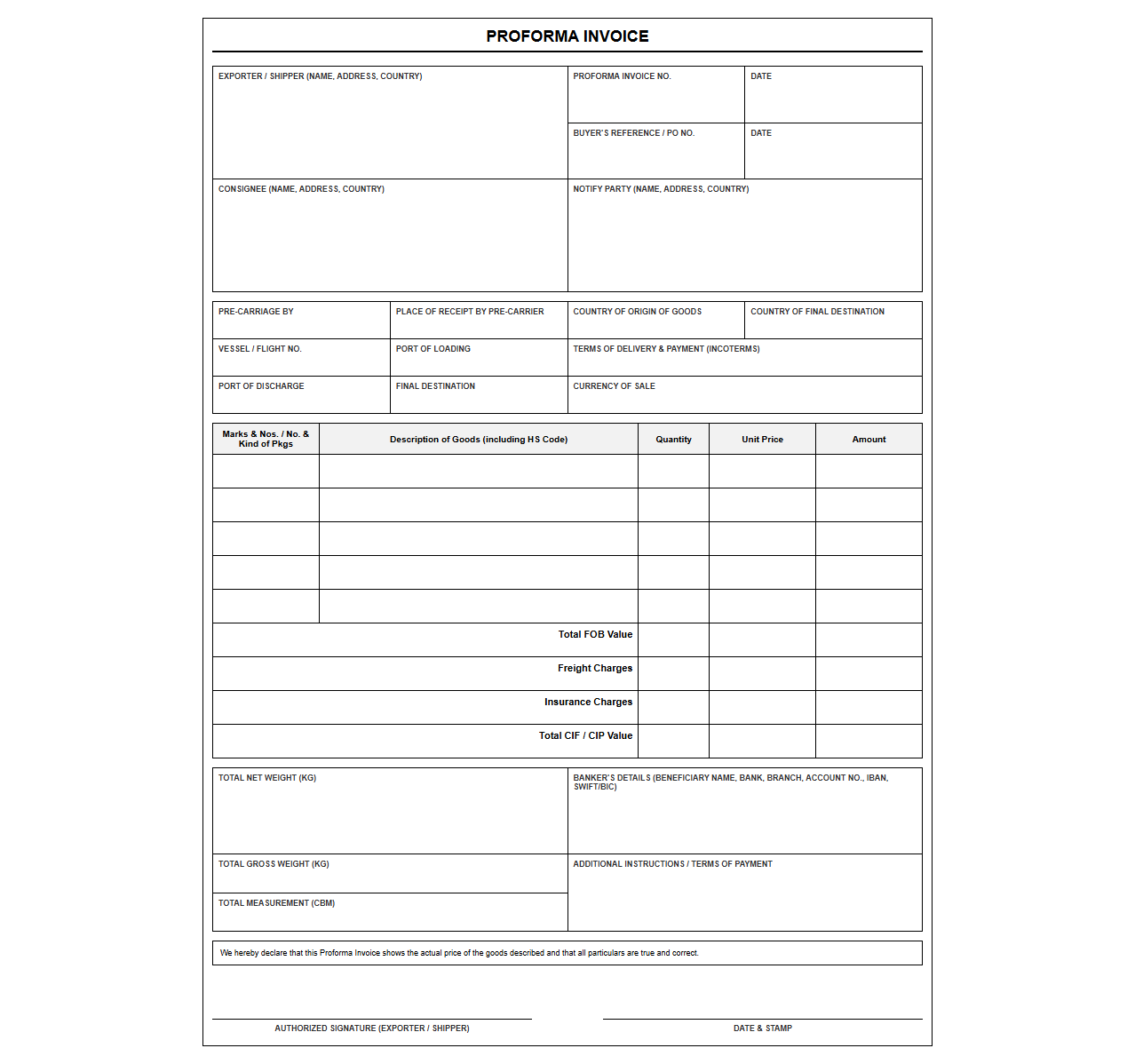 Export Transaction Proforma Invoice Template