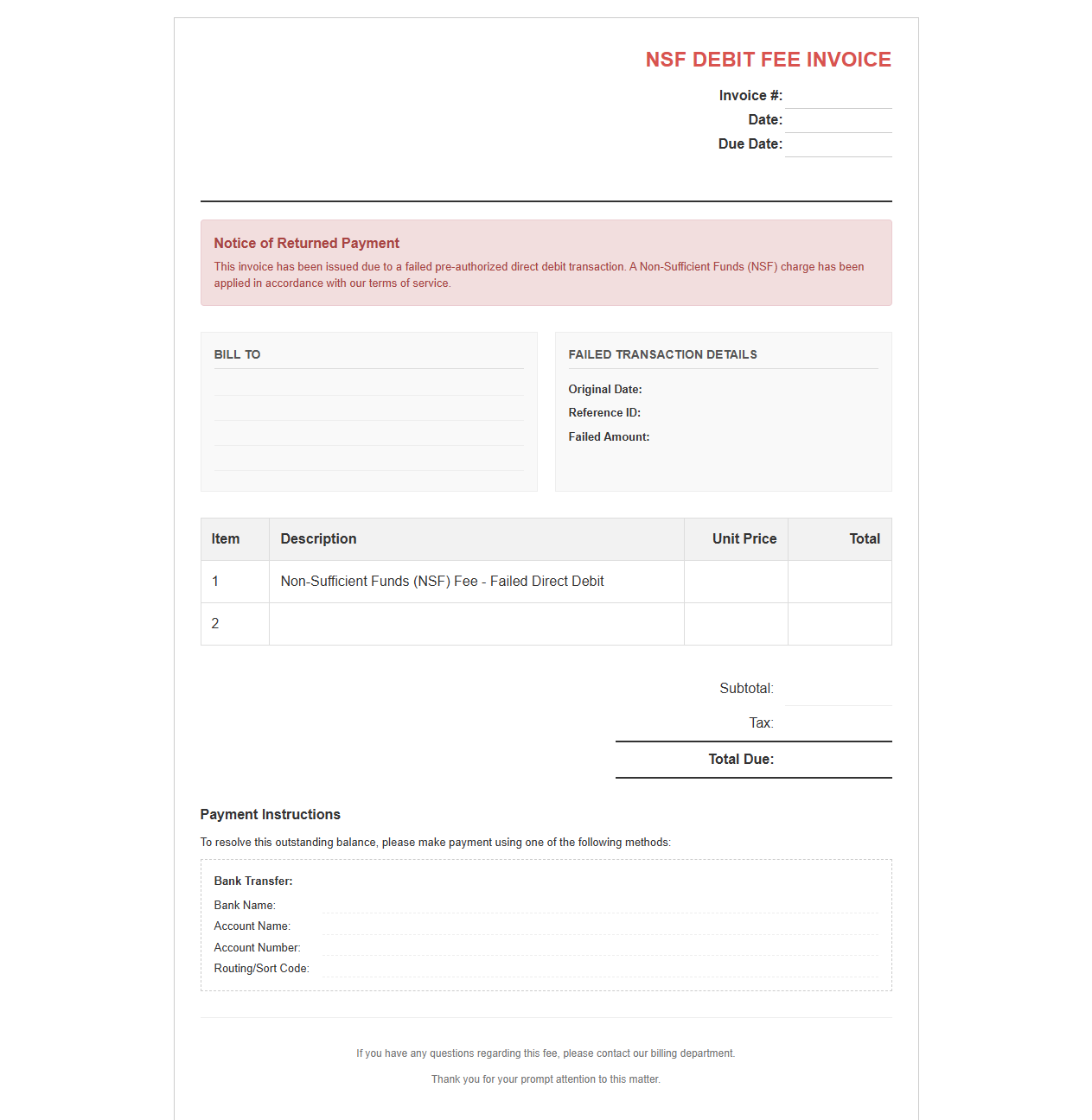 Failed Direct Debit Charge Invoice Template