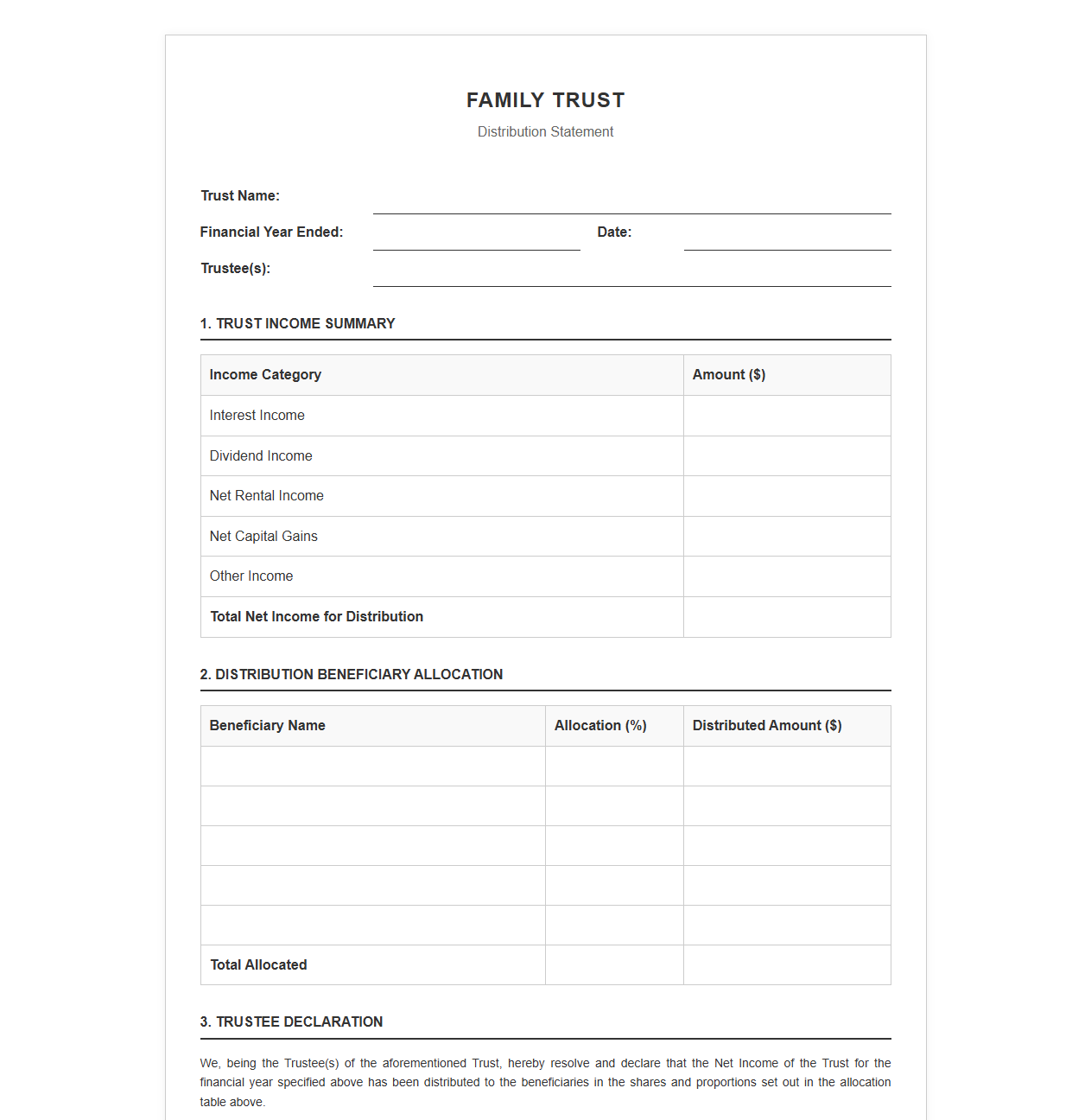 Family Trust Account Distribution Statement Template