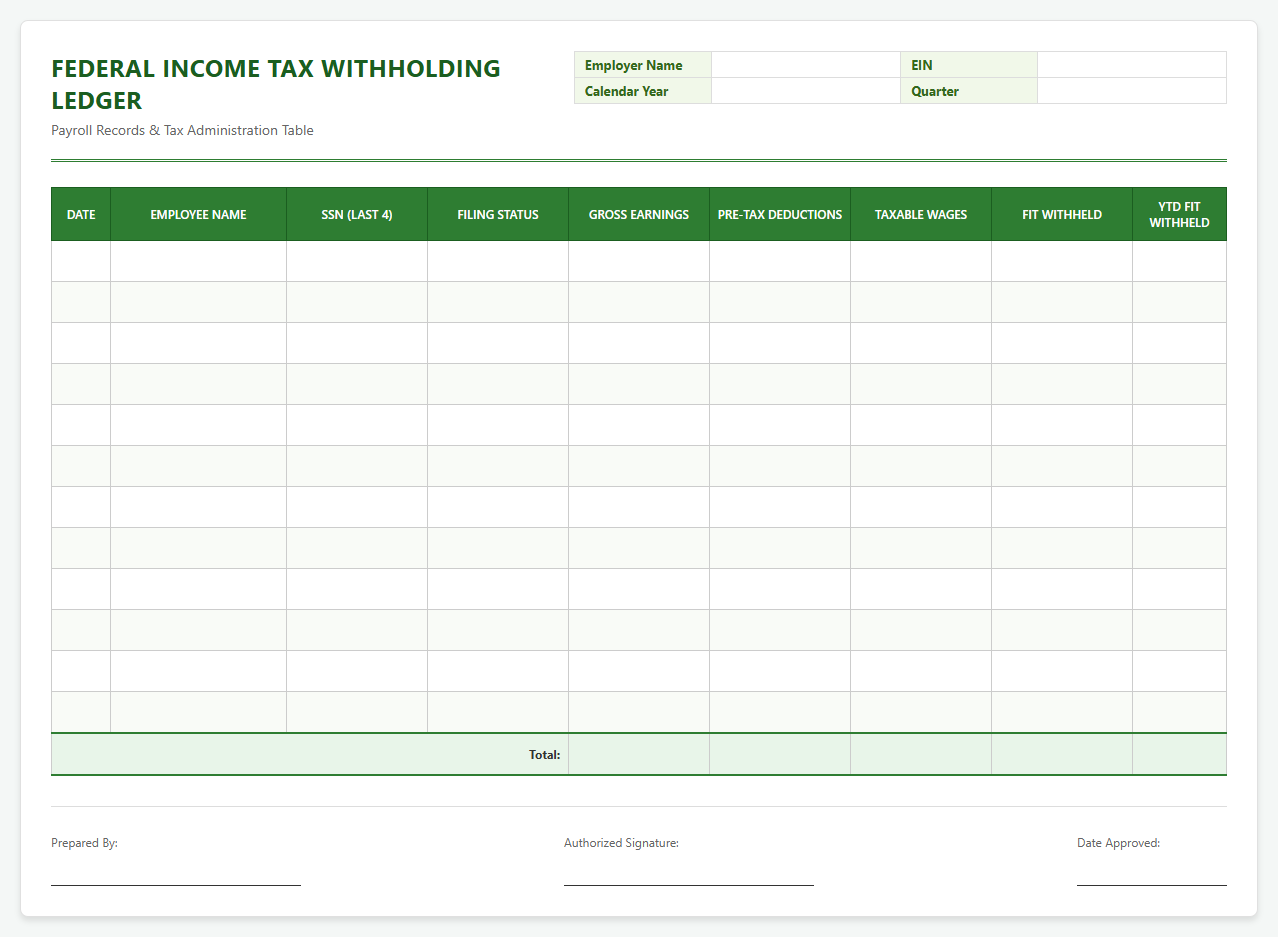 Federal Income Tax Withholding Ledger Excel Sheet