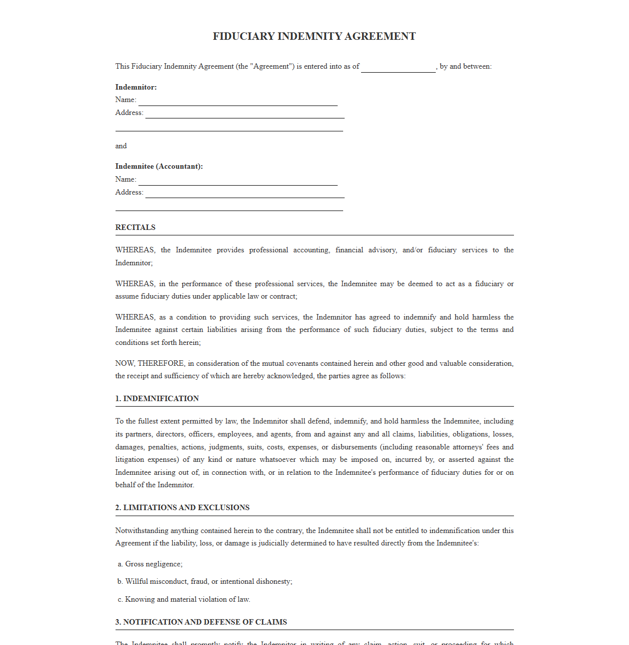 Fiduciary Indemnity Agreement for Professional Accountants