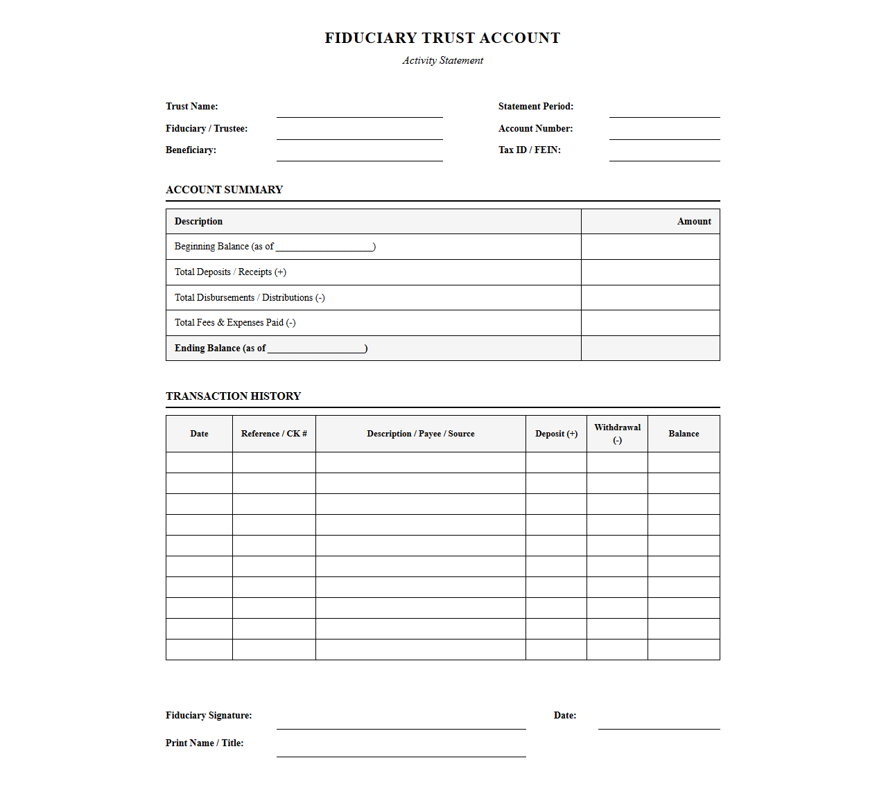 Fiduciary Trust Account Activity Statement Template
