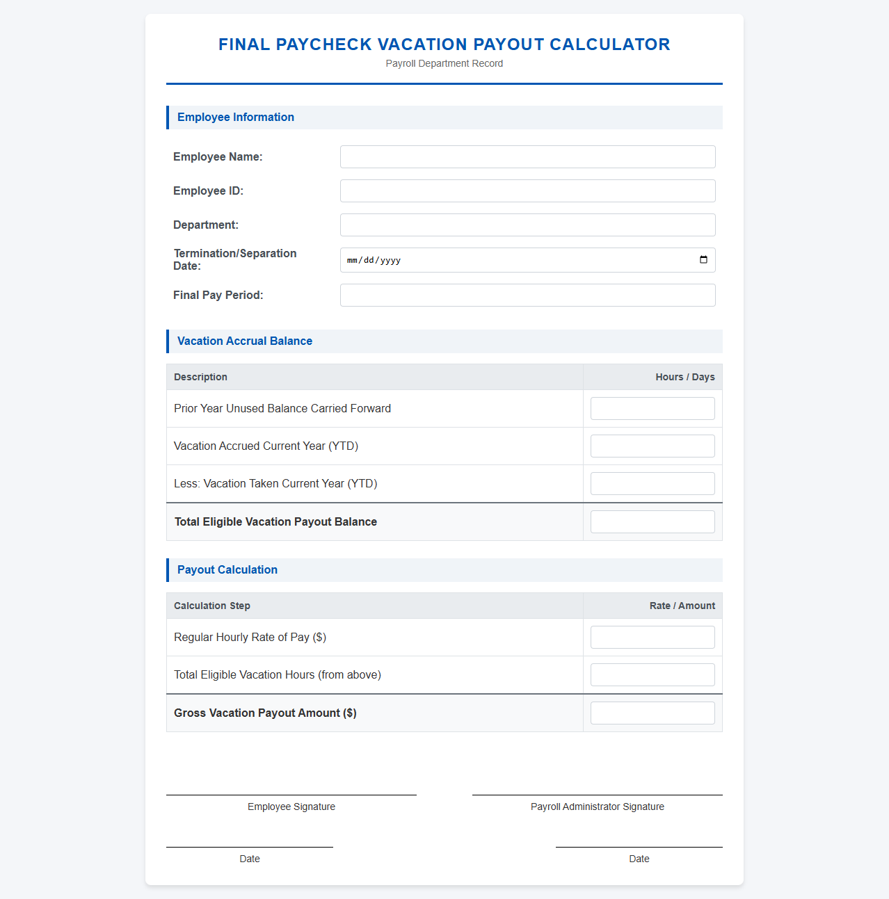 Final Paycheck Vacation Payout Calculator