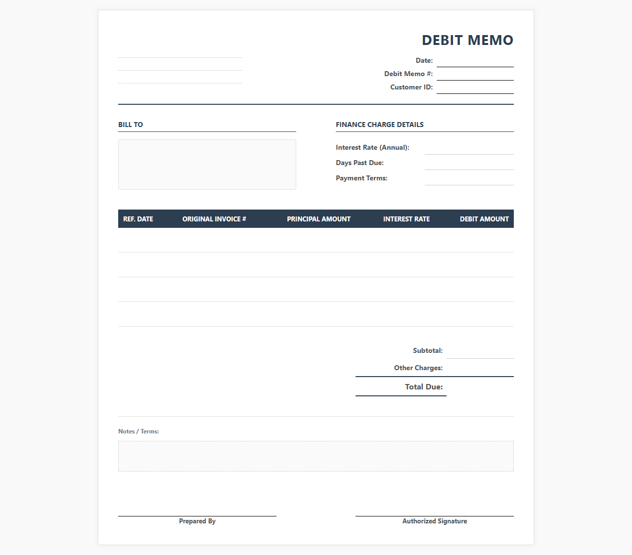Finance Charge Debit Memo Template