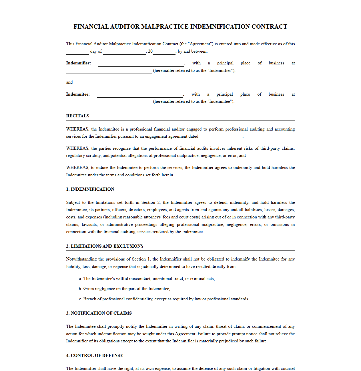 Financial Auditor Malpractice Indemnification Contract