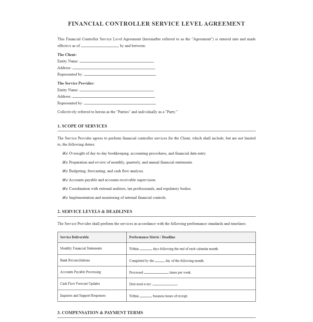 Financial Controller Service Level Agreement Template