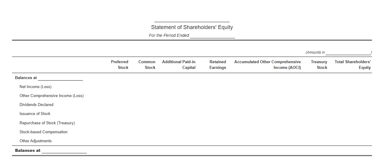 Financial Statement Template for Shareholders Equity