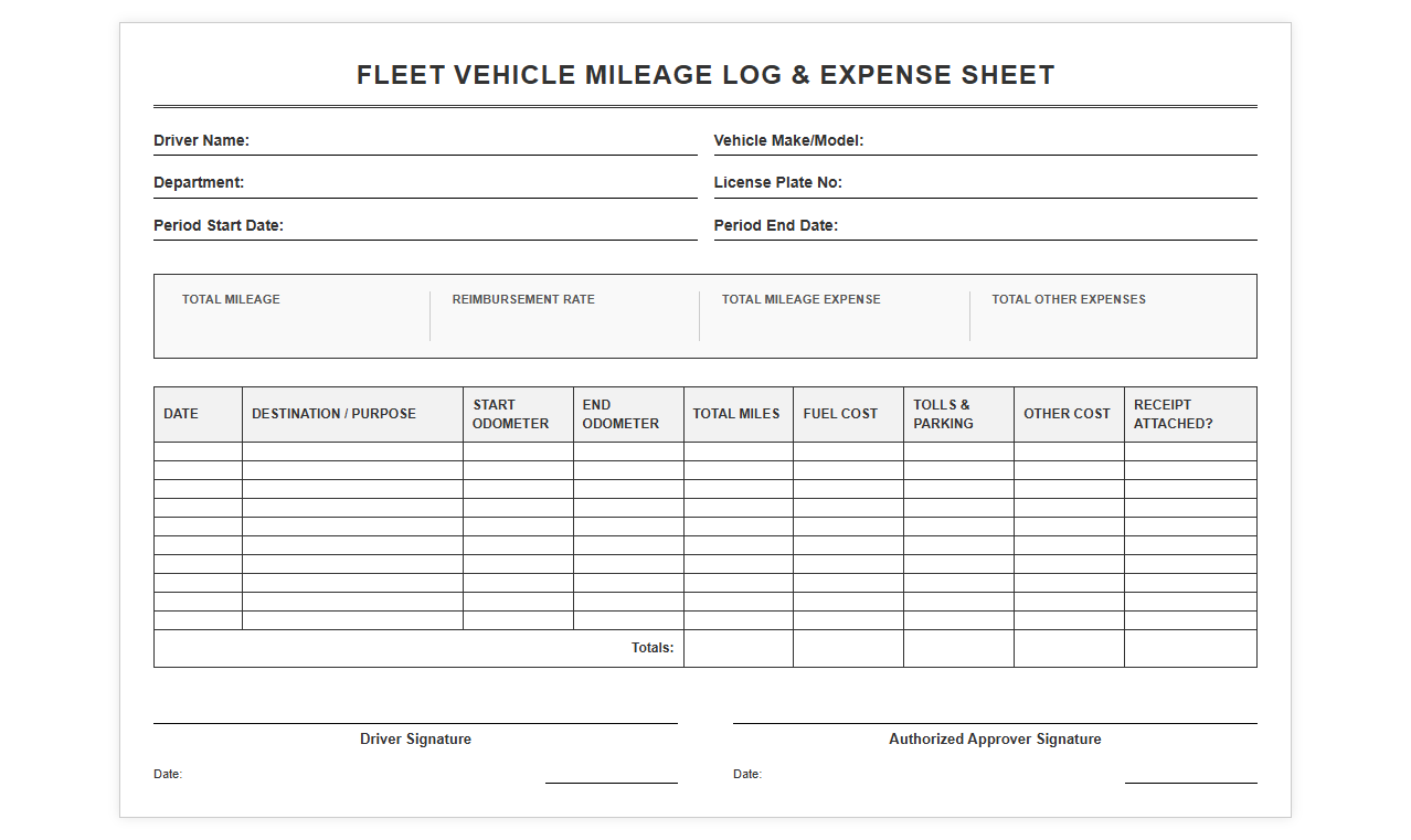 Fleet Vehicle Mileage Log and Expense Sheet