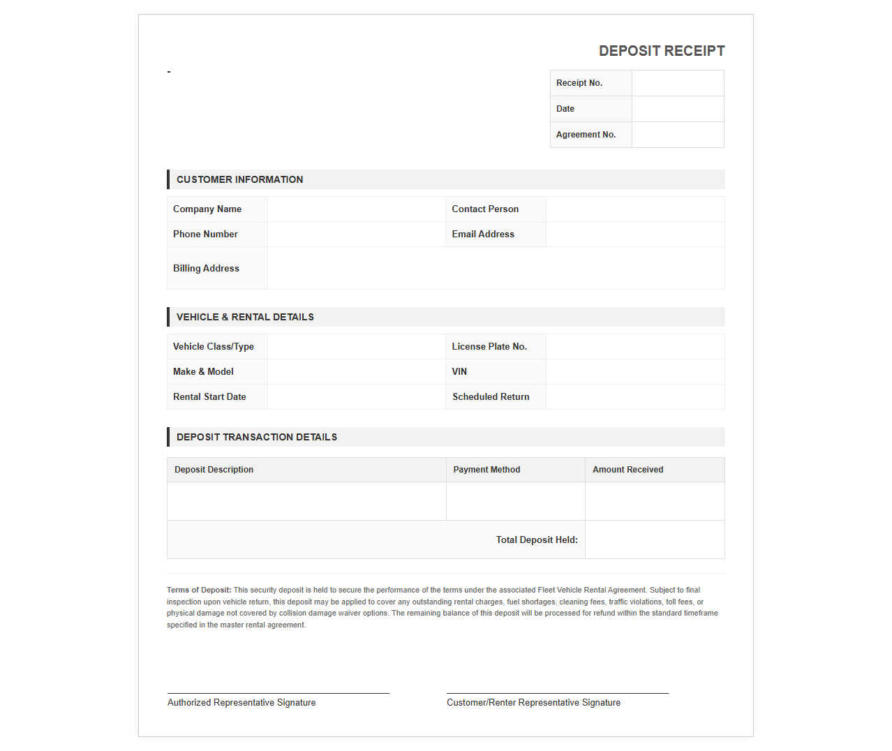 Fleet Vehicle Rental Deposit Receipt