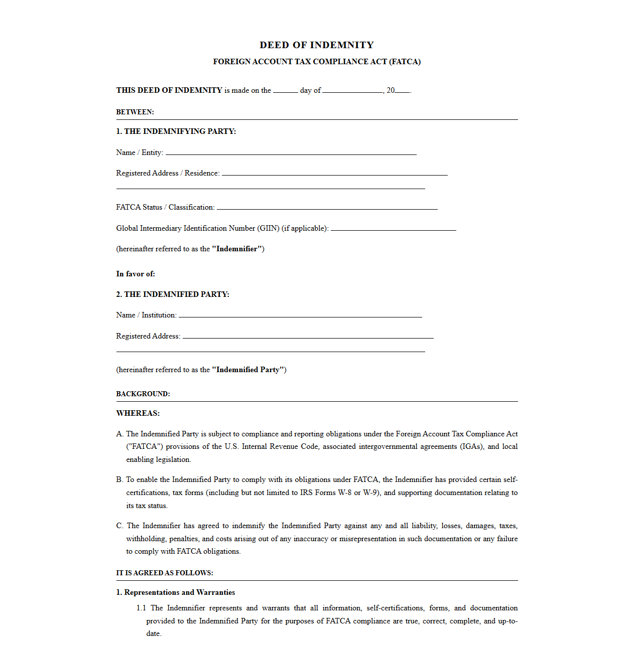Foreign Account Tax Compliance Act Indemnification Deed