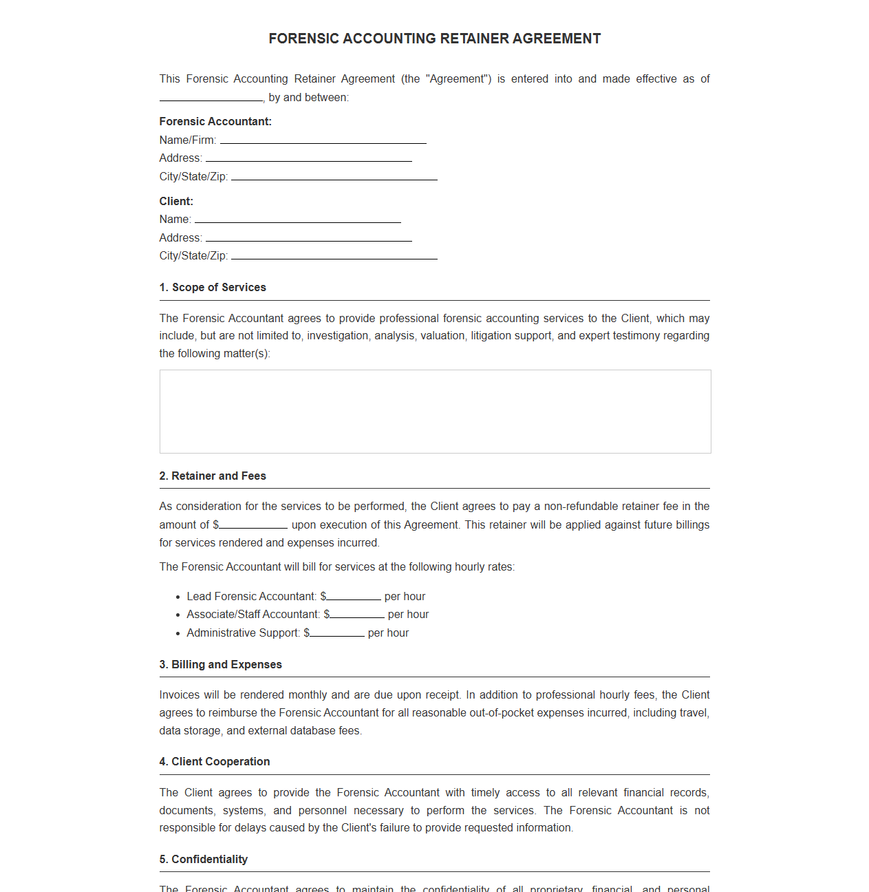 Forensic Accounting Retainer Agreement Template