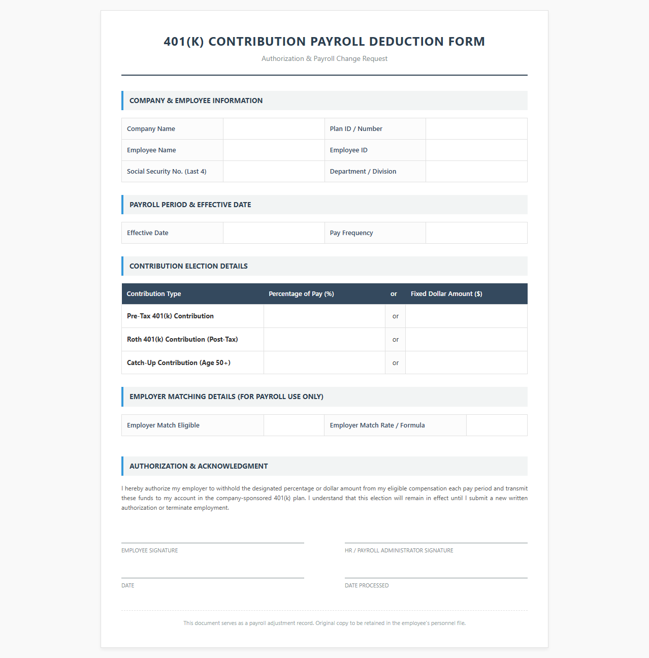 Four Zero One K Contribution Payroll Deduction Template