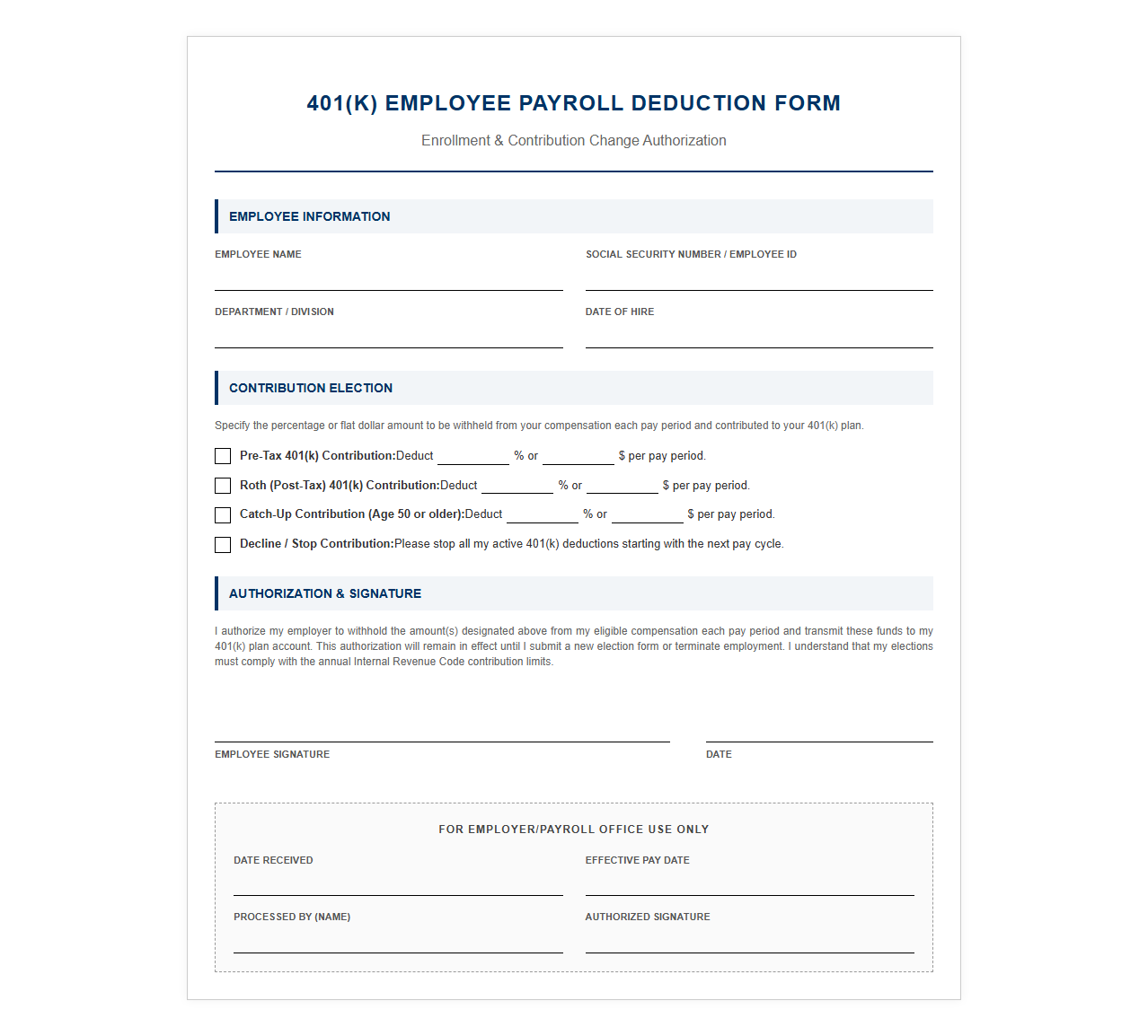 Four Zero One K Employee Payroll Deduction Form