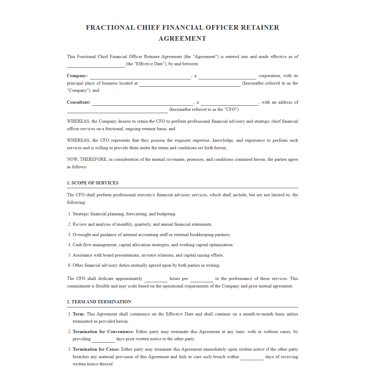 Fractional Chief Financial Officer Retainer Contract