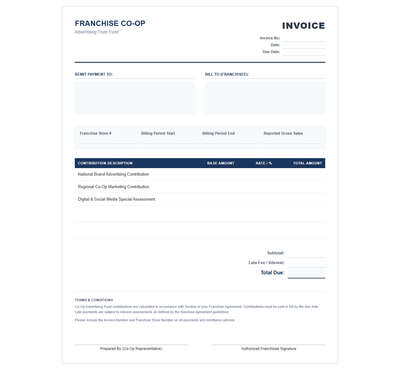 Franchise Co Op Advertising Fund Invoice Template