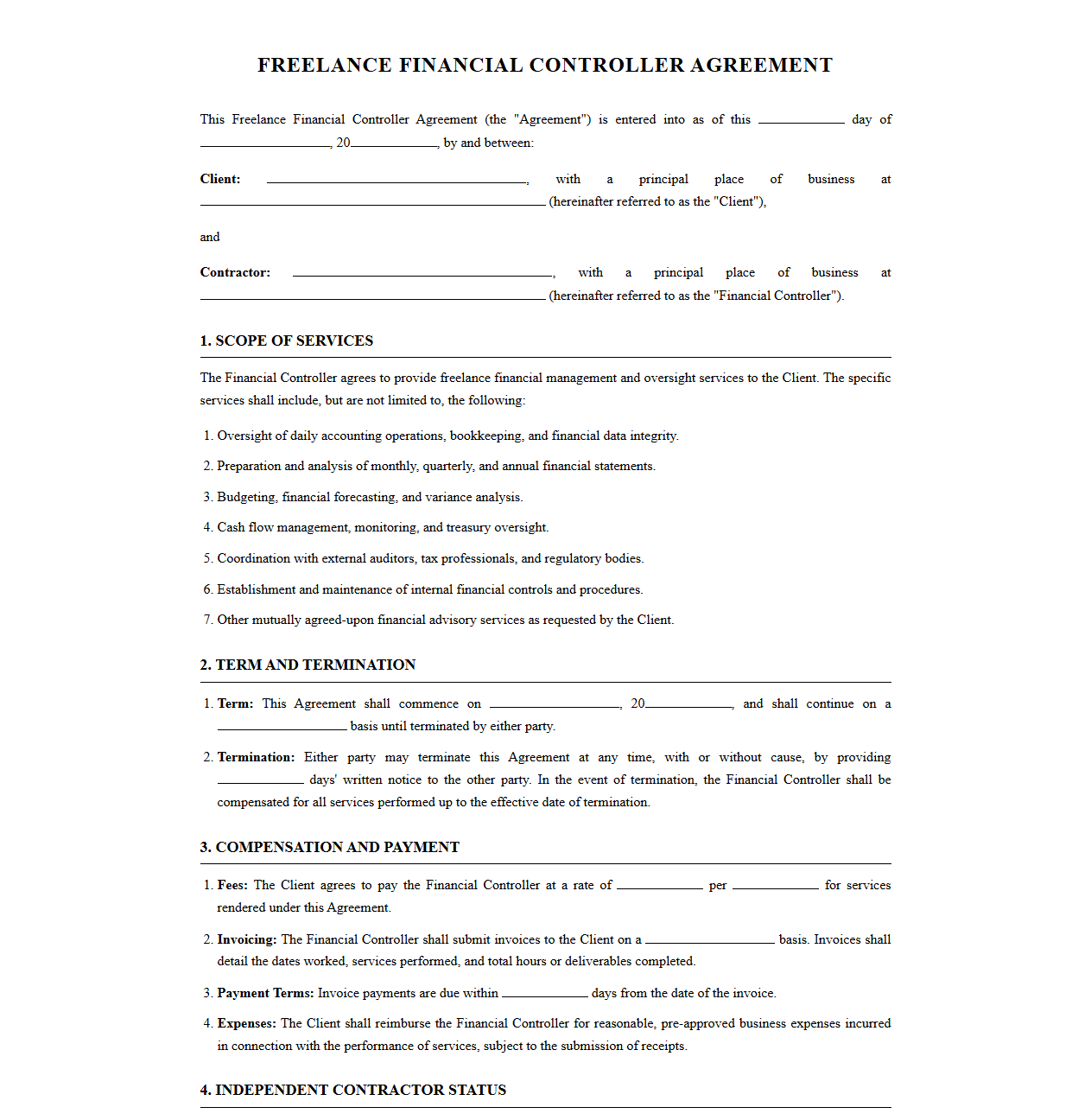 Freelance Financial Controller Agreement Document
