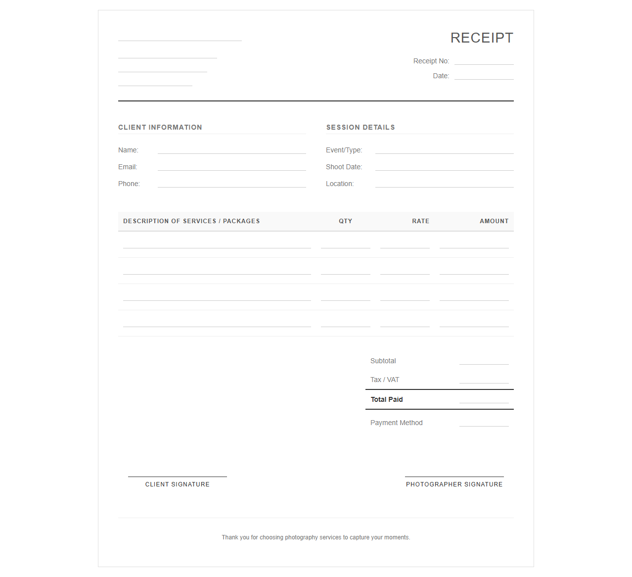 Freelance Photographer Client Service Receipt