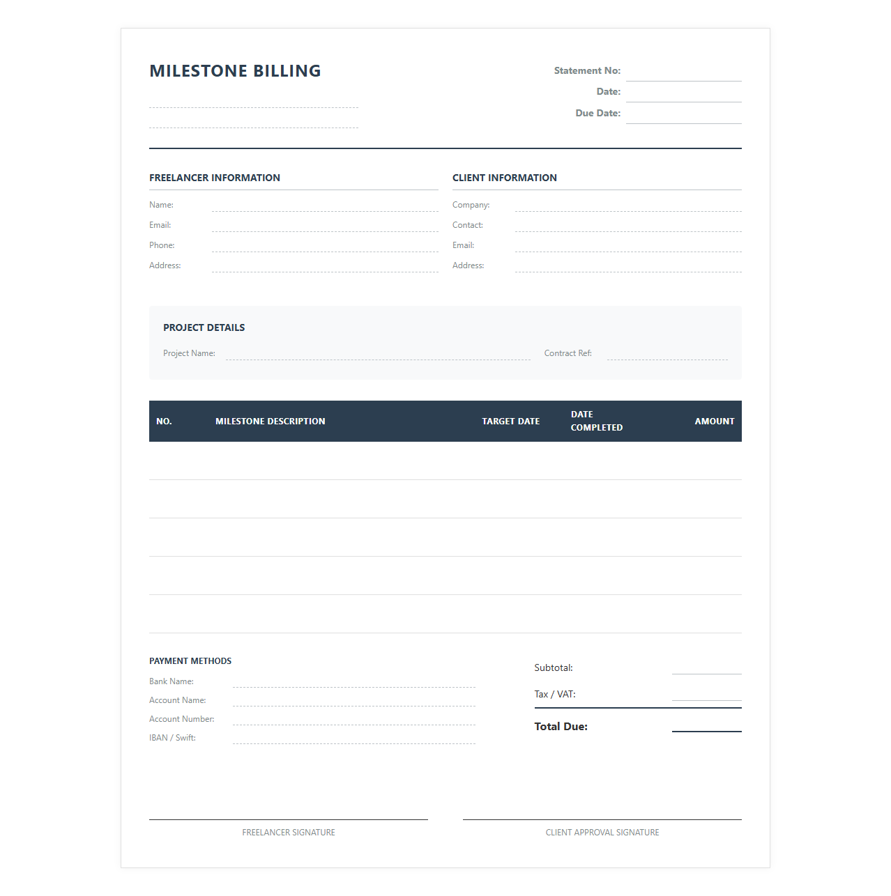 Freelance Project Milestone Billing Statement