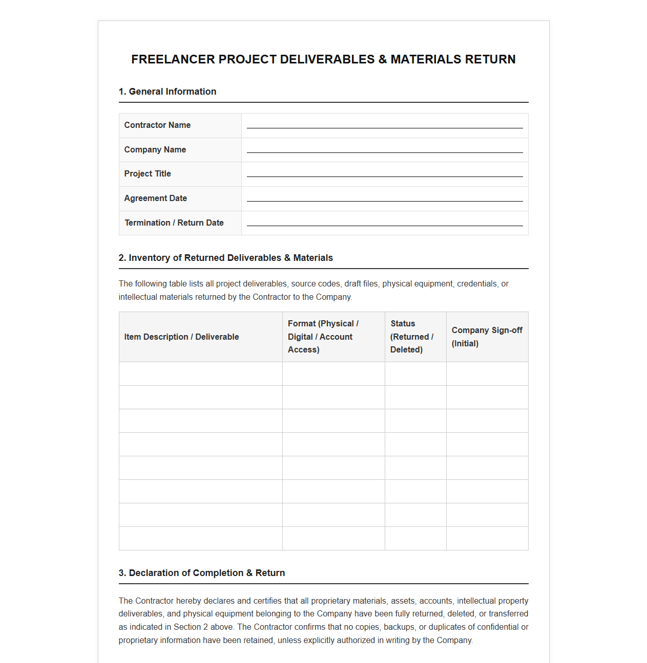 Freelancer Project Deliverables and Materials Return Template