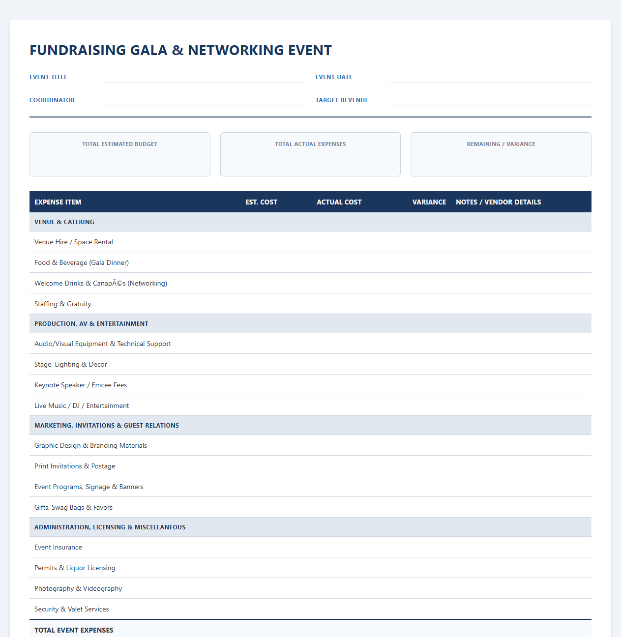 Fundraising Gala and Networking Event Expense Spreadsheet