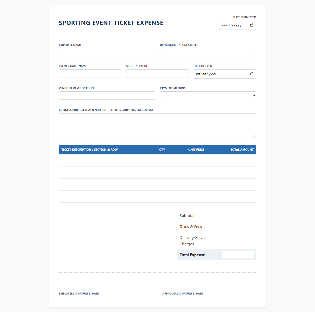Game Ticket Purchase Expense Template