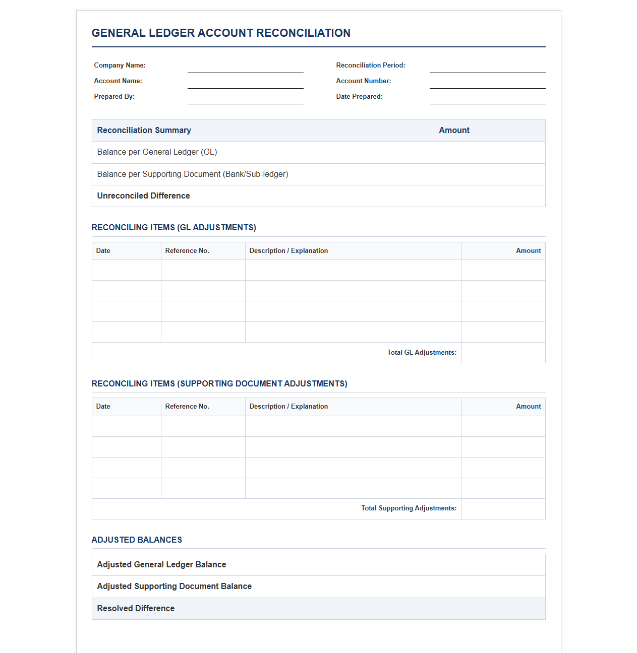General Ledger Account Reconciliation Template