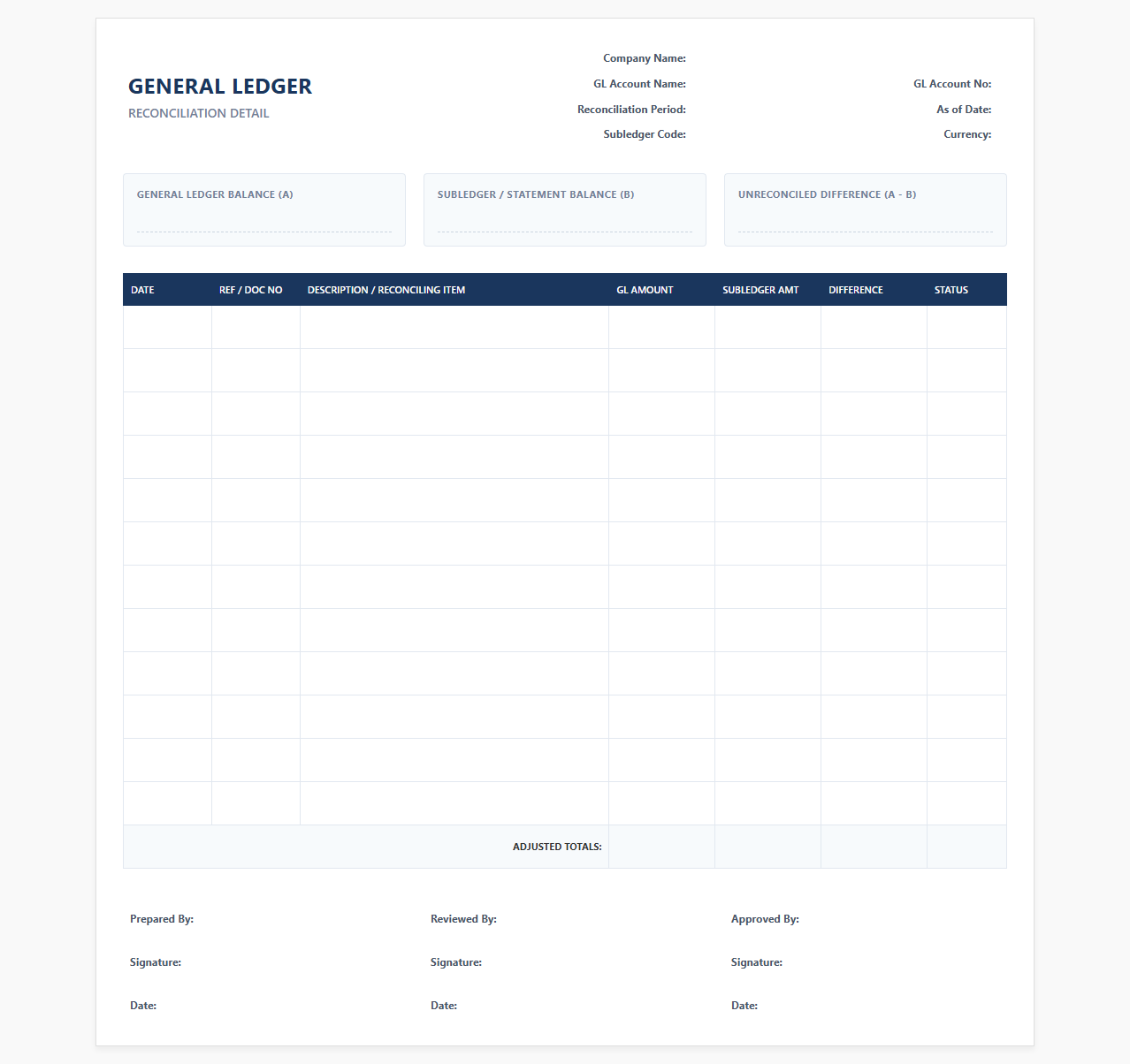 General Ledger Reconciliation Detail Template