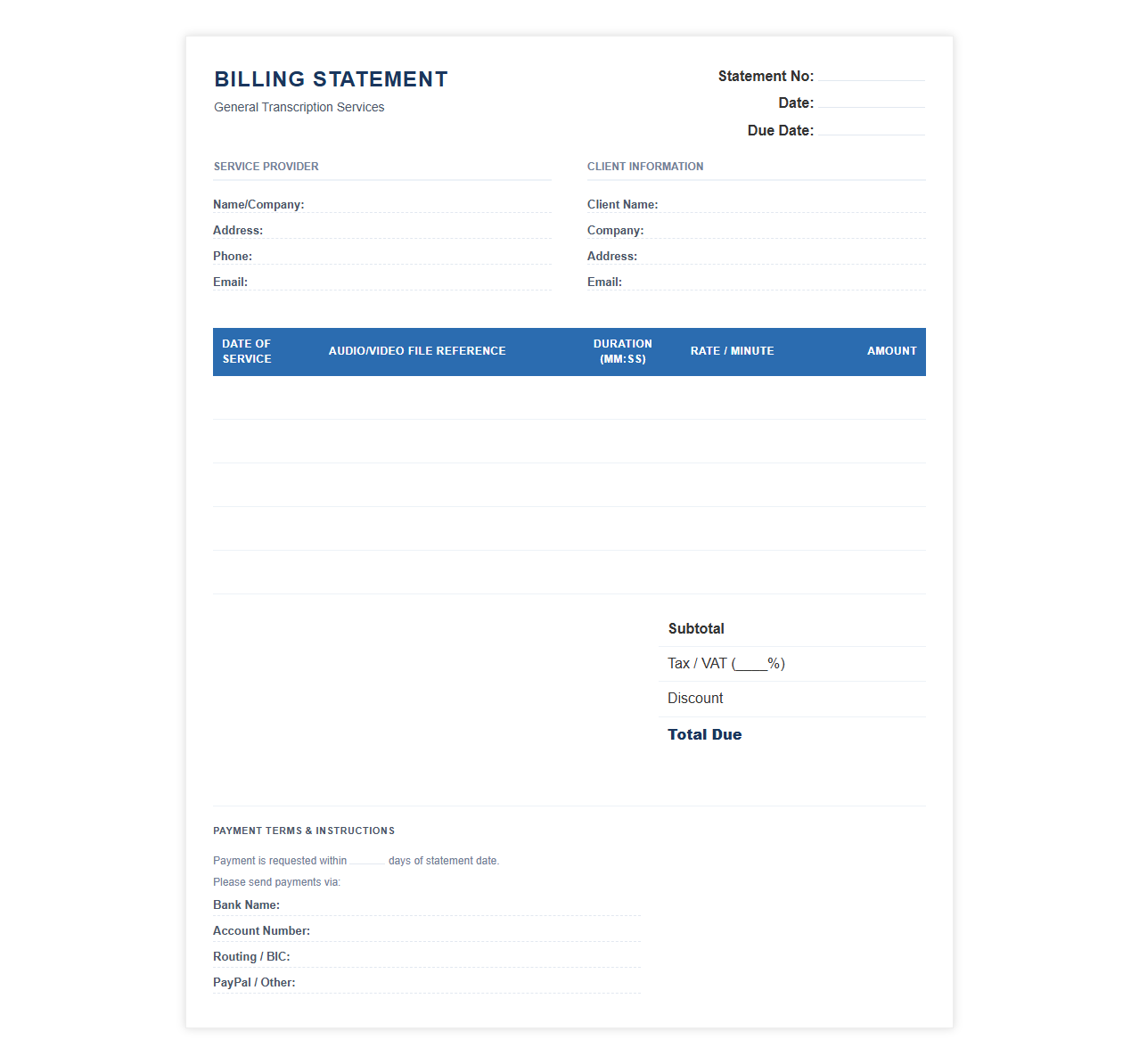 General Transcription Services Billing Statement