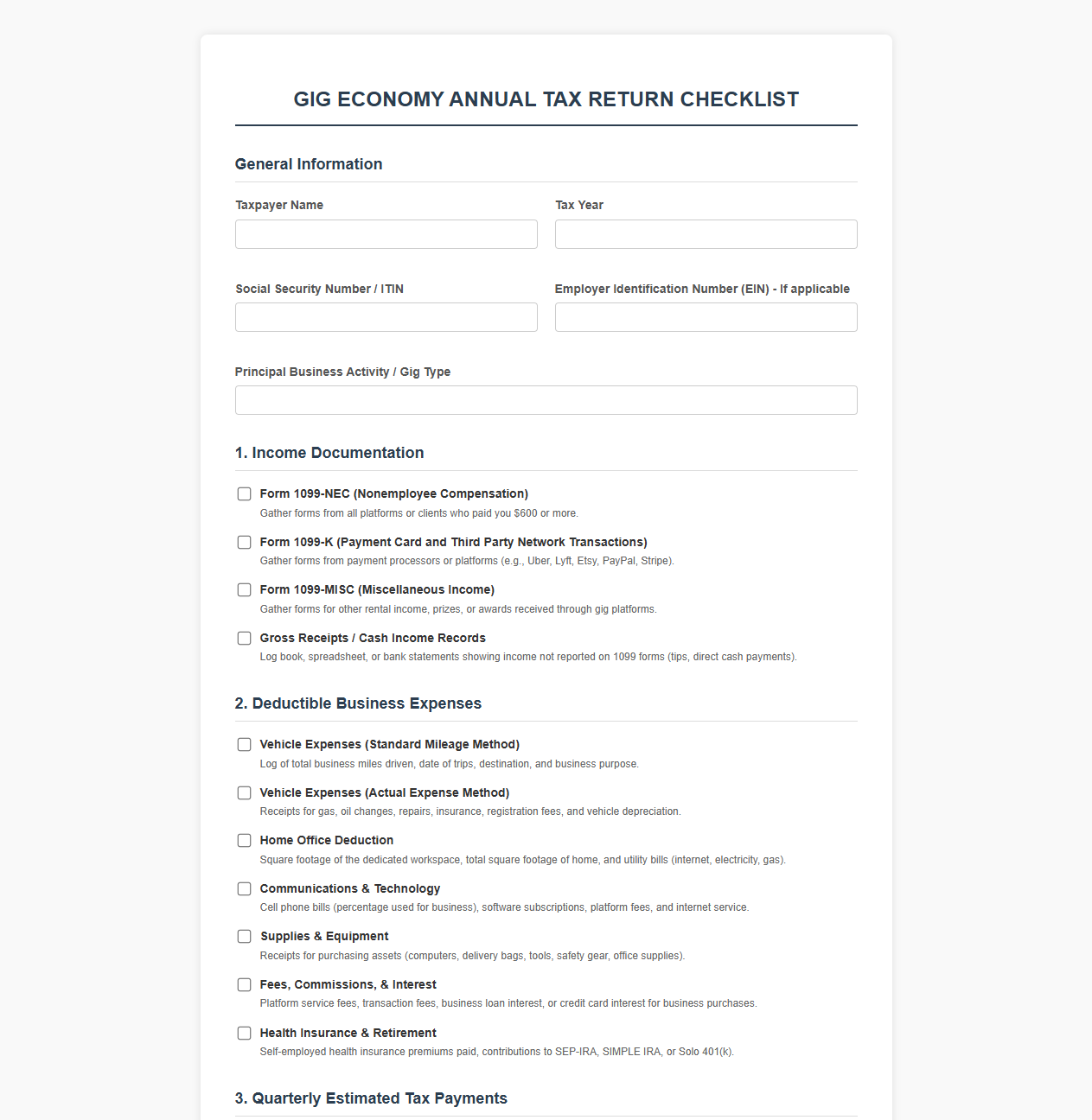 Gig Economy Annual Tax Return Checklist