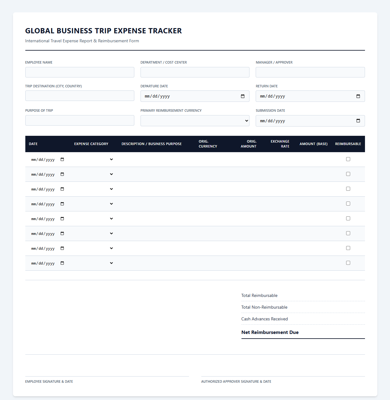 Global Business Trip Expense Tracker Sheet