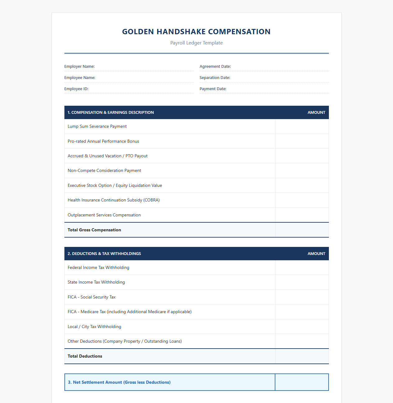 Golden Handshake Compensation Payroll Ledger Template