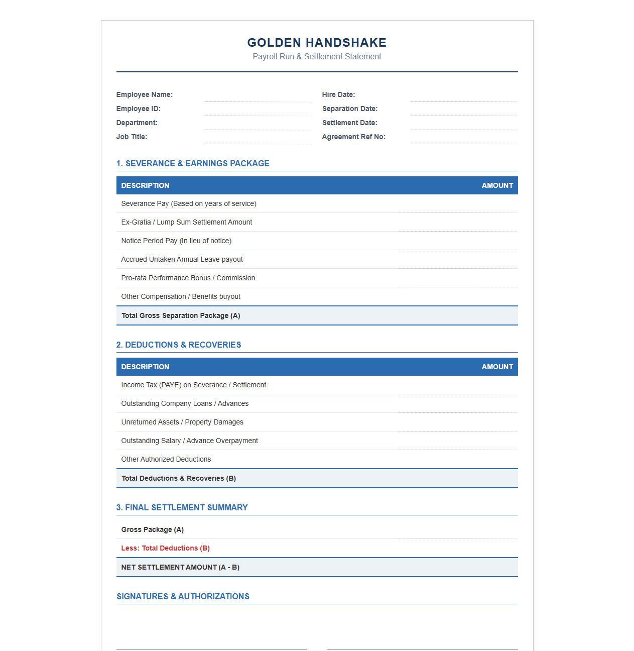 Golden Handshake Payroll Run and Settlement Template