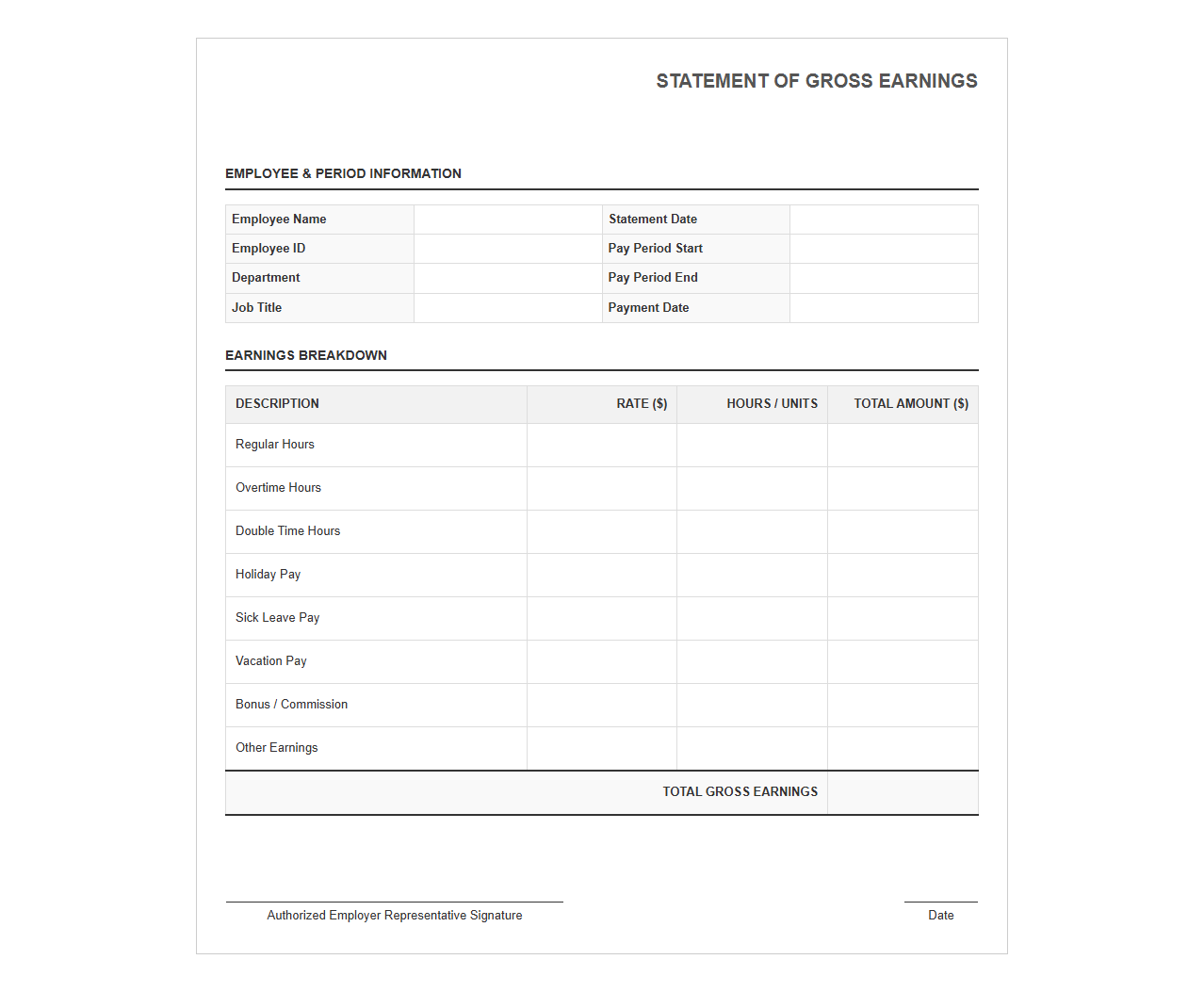 Gross Earnings Statement Template