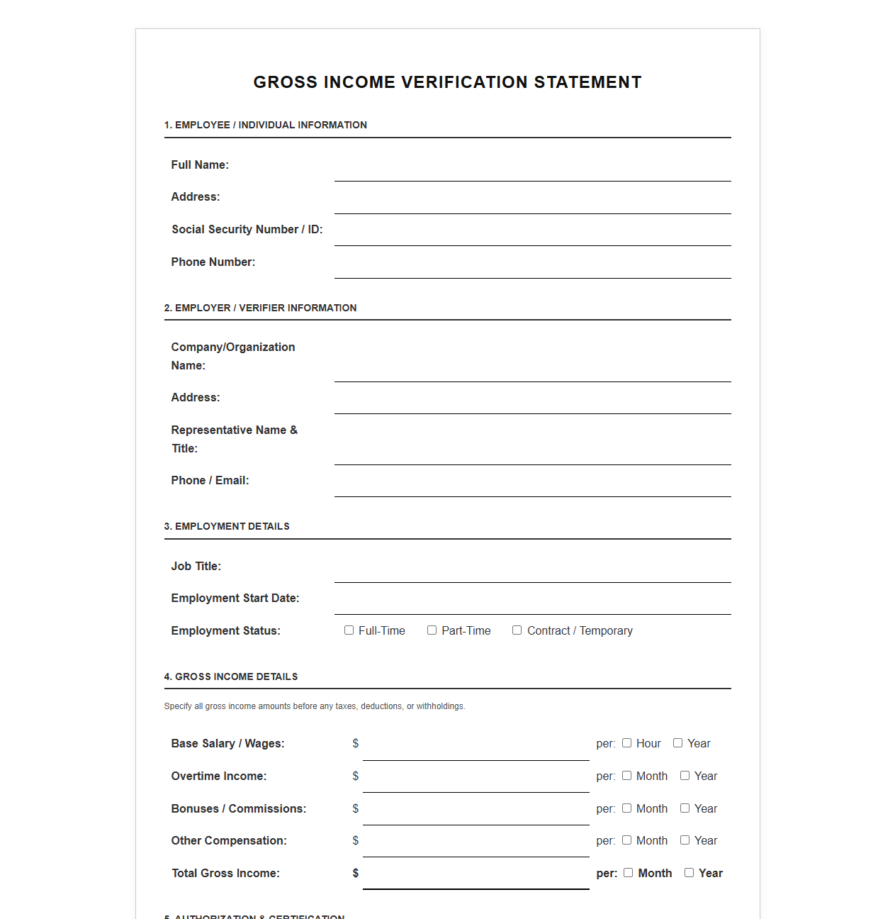 Gross Income Verification Statement Template