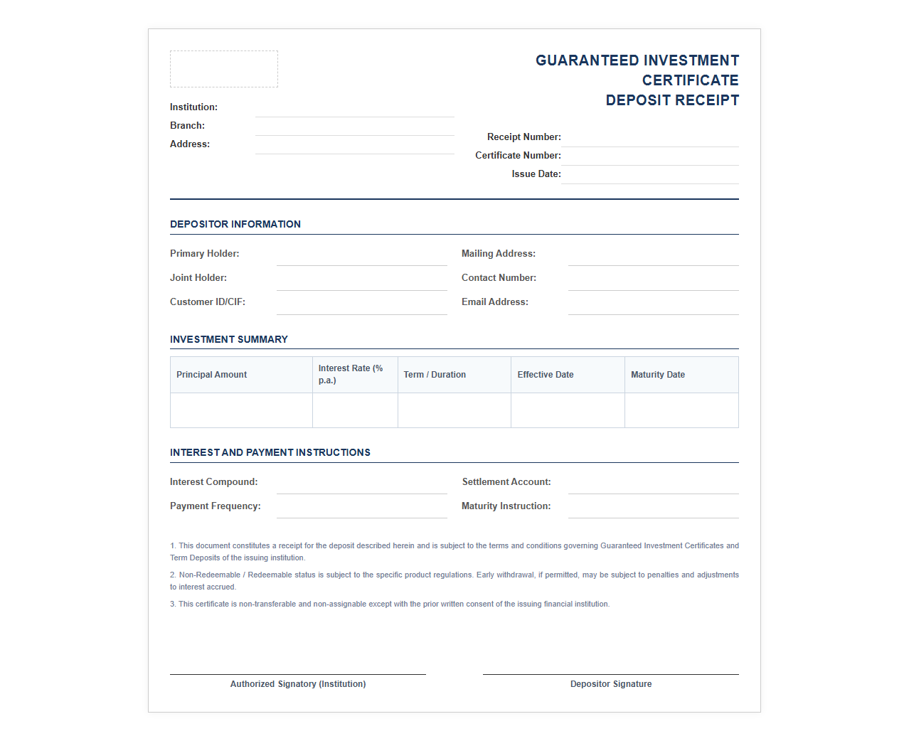 Guaranteed Investment Certificate Deposit Receipt