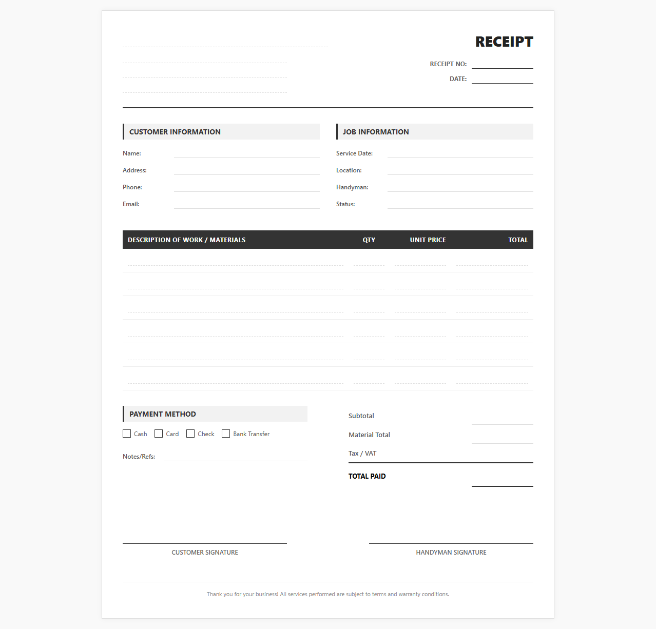 Handyman Repair Service Receipt Template