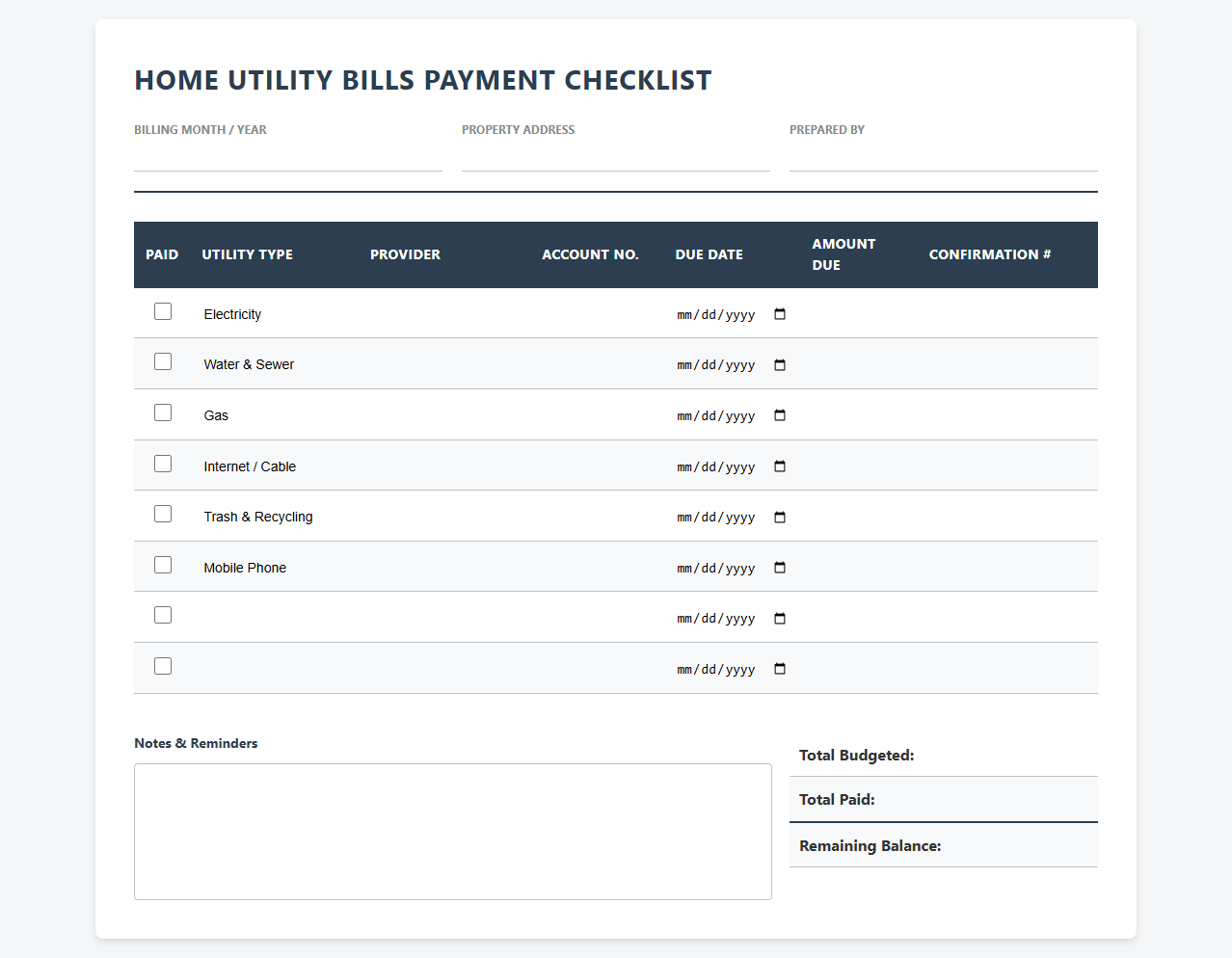 Home Utility Bills Payment Checklist