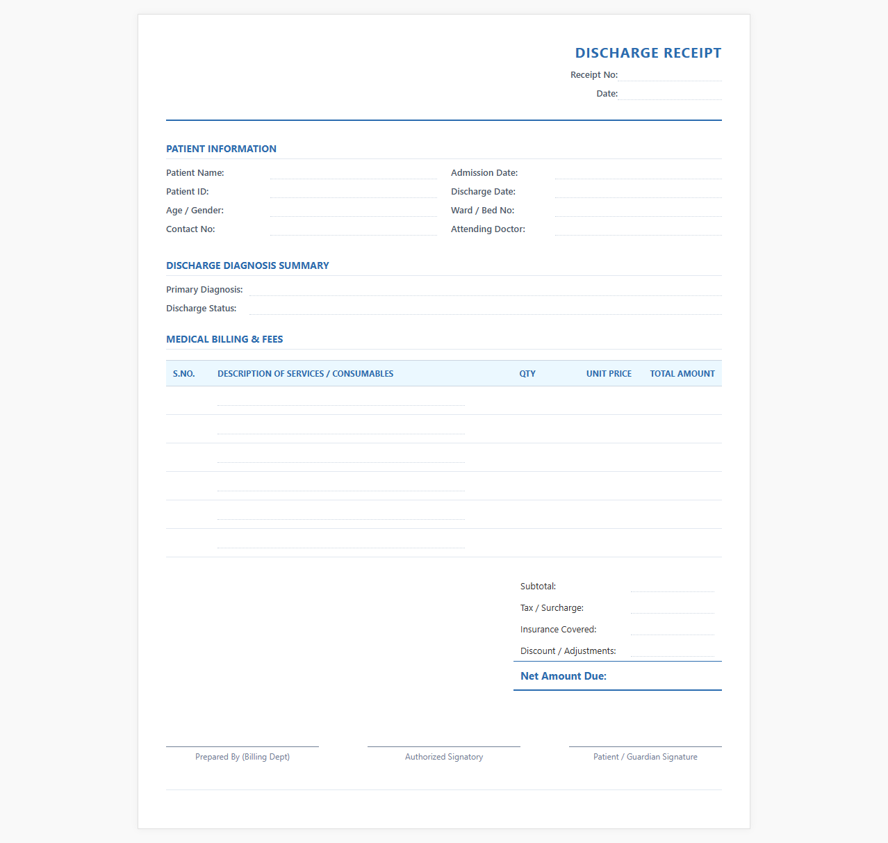 Hospital Discharge and Medical Billing Receipt