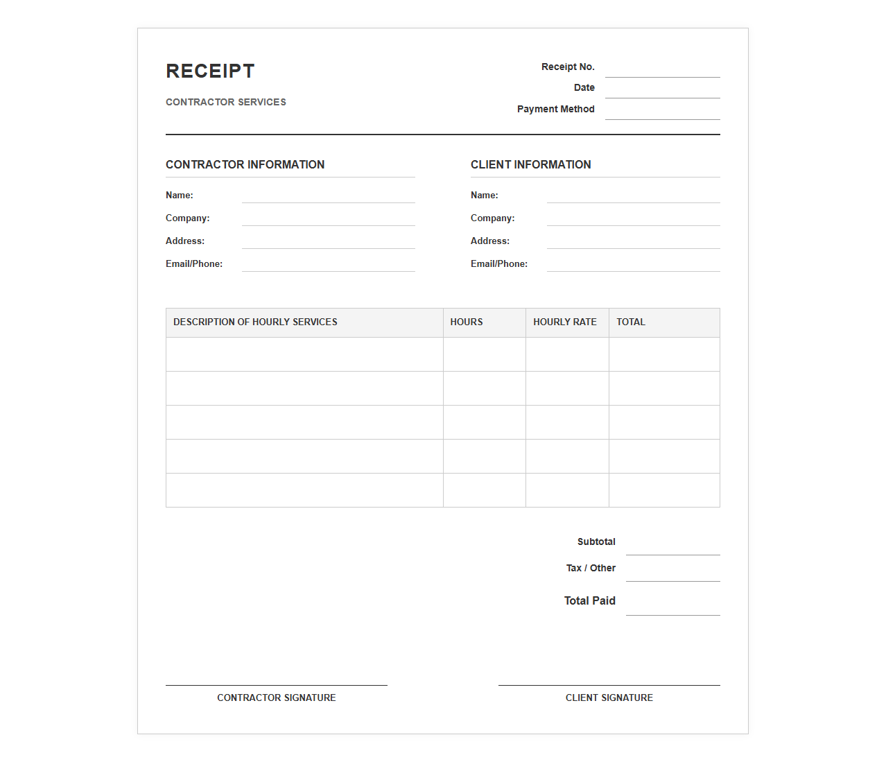 Hourly Contractor Service Receipt Template