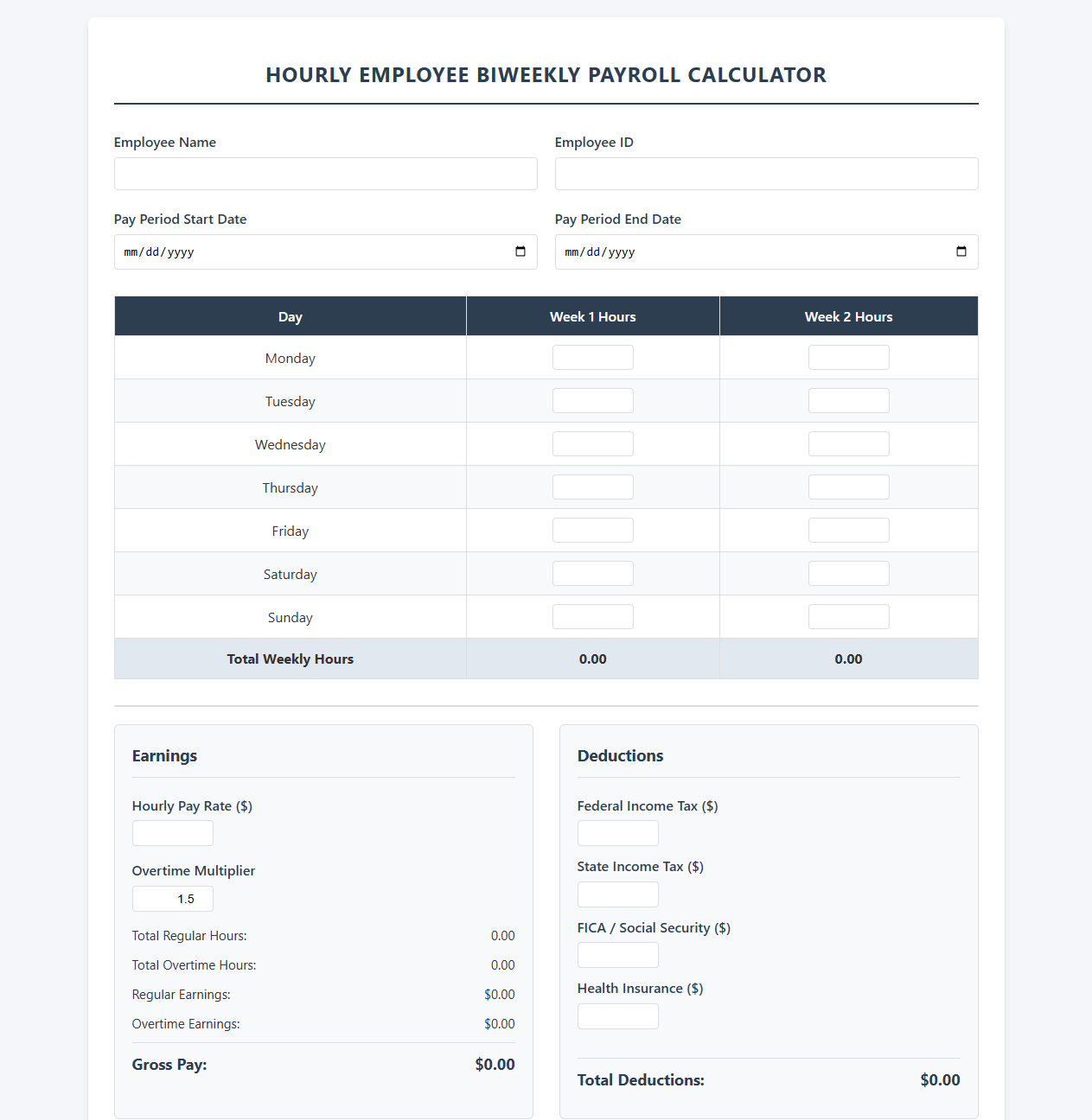 Hourly Employee Biweekly Payroll Calculator