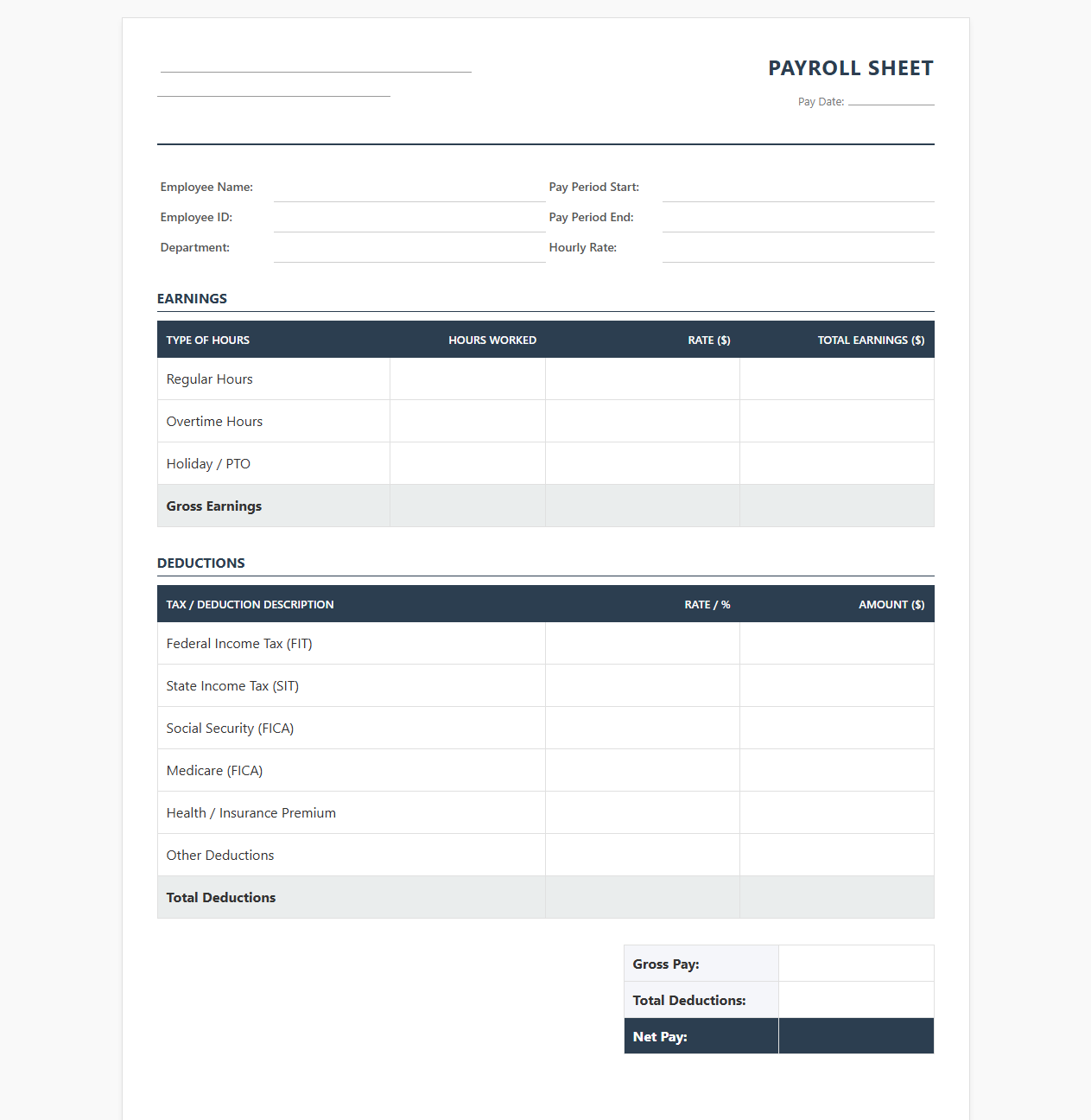 Hourly Employee Payroll Sheet with Tax Deductions