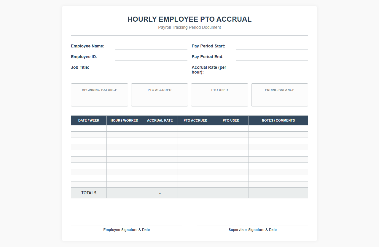 Hourly Employee PTO Accrual Payroll Template