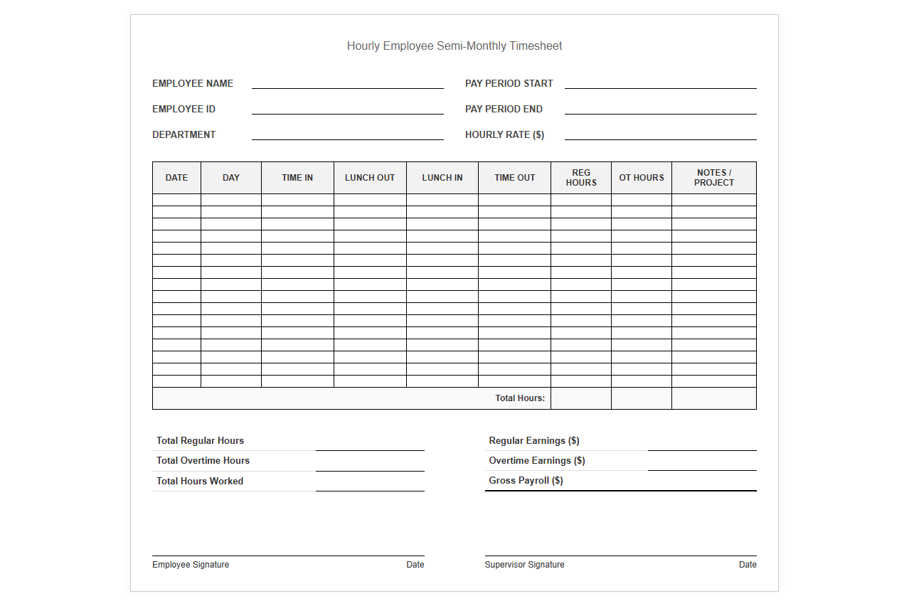 Hourly Employee Semi-Monthly Payroll Timesheet